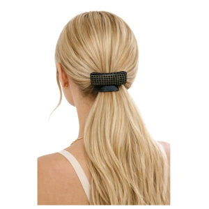 Clama par eleganta neagra cu cristale negre si insertii aurii, model lat, prindere puternica, arc metalic rezistent - Img 3