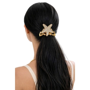 Clema par eleganta aurie cu stea decorativa si cristale stralucitoare, perle albe, prindere puternica, arc metalic rezistent - Img 2