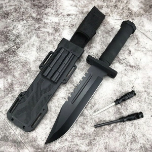 Cutit vanatoare tactic militar cu teaca multifunctionala, otel 420J2, lama fixa 31 cm, ascutitor, amnar si fluier incluse - Img 9