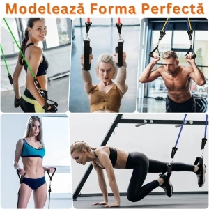 Extensor cu 5 benzi elastice de rezistenta pentru antrenament fitness, accesorii incluse, benzi din latex cu intensitati diferite, manere antiderapante, prindere la usa, saculet transport, 110 cm, mul - Img 3