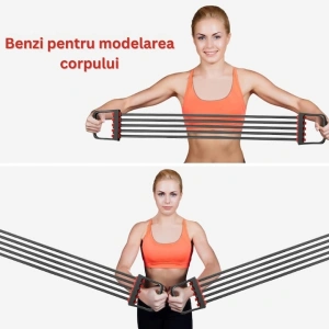 Extensor cu 5 benzi elastice de rezistenta pentru fitness - antrenament complet, portabil, reglabil, 67 cm, negru - Img 2