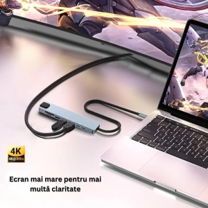 Hub adaptor multiport 8 in 1 USB-C, HDMI 4K 30Hz, Ethernet, USB 3.0, USB 2.0, Power Delivery 87W, cititor SD si MicroSD, aluminiu, gri - Img 4