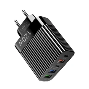 Incarcator retea 120W USB-C si USB-A 5 porturi fast charge PD universal telefon tableta negru lucios compact