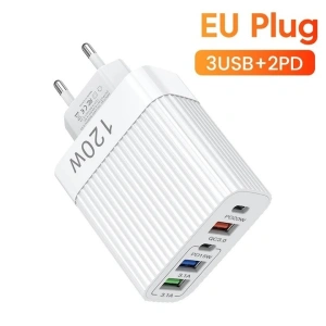 Incarcator retea 120W USB-C si USB-A 5 porturi fast charge PD universal telefon tableta alb lucios compact - Img 5