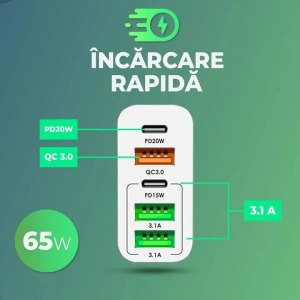 Incarcator retea 65W USB-C si USB-A 5 porturi fast charge PD QC universal telefon laptop alb compact - Img 3