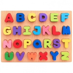 Joc educativ din lemn multicolor 30 x 23 x 0.5 cm, tabla alfabet cu 26 litere, puzzle incastru pentru copii, invatare litere si culori, 3+ ani