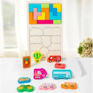 Joc tetris pentru copii, puzzle educativ, masini, lemn, 21 piese, Montessori, multicolor, 28.5 x 17 x 1.2 cm - Img 5