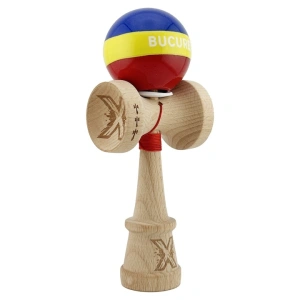 Kendama profesionala din lemn, editia Bucuresti tricolor, Super Sticky, cupe mari King Size V3, rulment metalic, gaura in baza, 18 cm, multicolor - Img 4