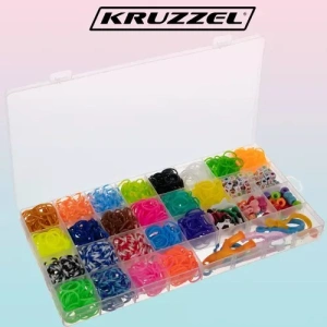 Kit de confectionare bratari, 23 culori benzi de cauciuc, 1500 piese, carlige, carabine, margele, pandantive si litere 27x13x2 cm - Multicolor - Img 2