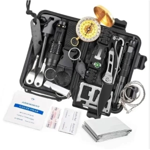 Kit supravietuire multifunctional 18 piese, camping si urgenta, busola, lanterna, cutit pliabil, paracord, patura termica, carcasa - Img 6