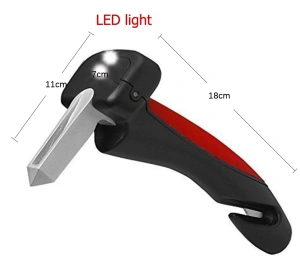 Maner auto 4 in 1 pentru siguranta masina, ciocan geam cutter centura lanterna LED si sprijin, rosu negru - Img 6