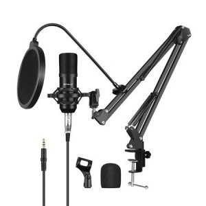 Microfon cu condensator, de studio, compatibil cu Android si iOS, otel/aliaj de zinc, negru