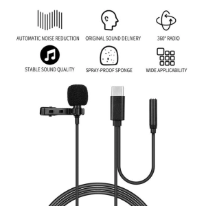 Microfon tip lavaliera, cu fir, Type-C - Jack 3.5 mm, lungime cablu 1.5 m, negru - Img 9