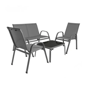 Mobilier de gradina, set 2 scaune, canapea 2 locuri, masa, cadru metalic, blat sticla, rezistent exterior, gri