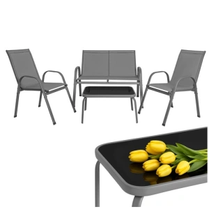 Mobilier de gradina, set 2 scaune, canapea 2 locuri, masa, cadru metalic, blat sticla, rezistent exterior, gri - Img 11