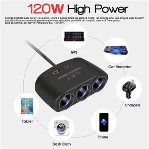 Multiplicator bricheta auto, 3 iesiri, 1 x USB, 1 x USB-C, 120 W, 12 - 24V, negru - Img 4