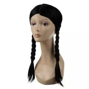 Peruca feminina lunga pentru costume si petreceri tematice, doua codite impletite, par sintetic negru, 55 cm