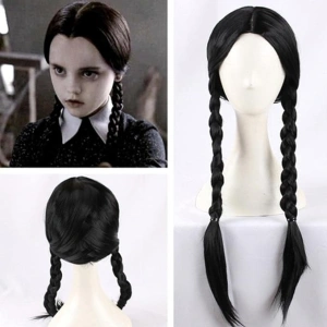 Peruca feminina lunga pentru costume si petreceri tematice, doua codite impletite, par sintetic negru, 55 cm - Img 11
