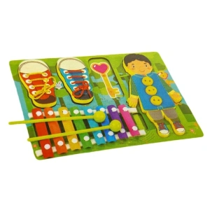 Placa multifunctionala de joc pentru copii 4in1, xilofon, orificii pentru pantofi, sireturi, 30x23x3 cm - Multicolor - Img 4
