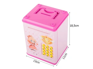 Pusculita pentru copii, tip seif, cu cod PIN, plastic, 18.5 x 13 x 11 cm, roz - Img 7