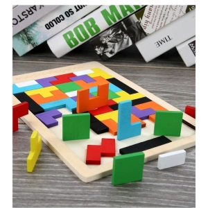 Puzzle educativ montessori multicolor 26.5 x 17.7 cm, joc din lemn cu 40 piese tip tetris, dezvoltare logica, memorie si coordonare pentru copii - Img 7