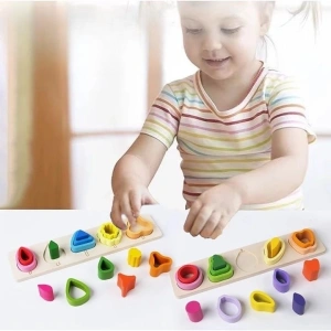 Puzzle Montessori din lemn, multicolor, 29 x 6.5 cm, joc educativ cu 15 piese si 5 forme asimetrice, model copaci, pentru copii 2+ ani - Img 2
