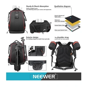 Rucsac foto profesional impermeabil pentru aparat DSLR, mirrorless si accesorii, compartimente modulare, protectie antifurt, negru - Img 4