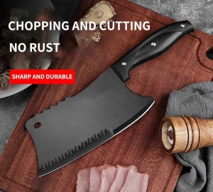 Satar bucatarie tip japonez lama lata din otel inoxidabil, maner ergonomic antialunecare, pentru carne peste legume, 29 cm, negru - Img 8