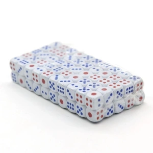 Set 10 zaruri albe cu puncte albastre si rosii, 13 mm, pentru jocuri de societate sau jocuri de noroc - Img 12