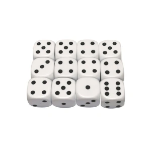 Set 10 zaruri, dimensiune 10 mm, albe cu puncte negre, plastic, pentru jocuri de societate sau jocuri de noroc - Img 3