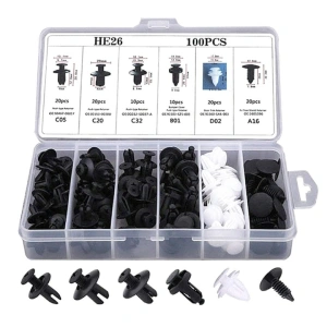 Set 100 clipsuri auto universale pentru fixare, din plastic rezistent, alb/negru, cu cutie compartimentata - Img 4