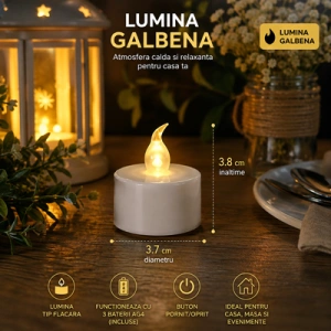 Set 15 lumanari decorative LED albe 3.7 x 3.8 cm, lumina galbena, flacara transparenta, 45 baterii AG4 incluse, decor fara foc pentru casa si evenimente - Img 4
