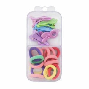 Set 18 elastice par 1.5 cm si 5 cleme 3 cm model iepuras, cutie organizator transparenta, multicolor - Img 2