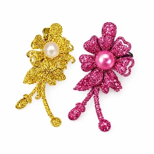 Set 2 agrafe de par aurie si roz 5 x 2 cm, model floral metalizat, accesorii feminine pentru prinderea parului