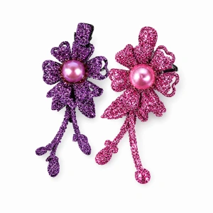 Set 2 agrafe de par mov si roz 5 x 2 cm, model floral metalizat, accesorii decorative pentru orice coafura
