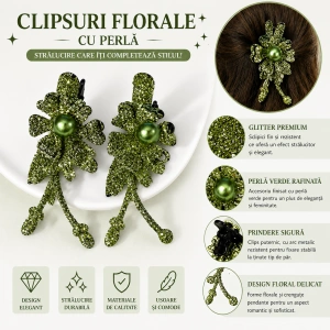 Set 2 cleme de par verzi 5 x 2 cm, model floral metalizat, accesorii pentru par, prindere ferma si confortabila - Img 2