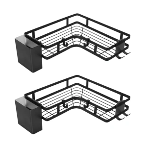 Set 2 rafturi de colt, autoadezive, pentru baie, suport si carlige pentru accesorii incluse, otel inoxidabil, 23.8 x 23.8 x 4 cm/24.8 x 24.8 x 5 cm, negru