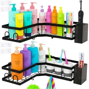 Set 2 rafturi de colt, autoadezive, pentru baie, suport si carlige pentru accesorii incluse, otel inoxidabil, 23.8 x 23.8 x 4 cm/24.8 x 24.8 x 5 cm, negru - Img 11