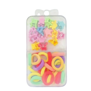 Set 25 elastice par 1, 5 cm si 16 cleme mini model coronita 0, 8 cm, cutie organizator transparenta, multicolor