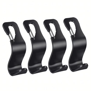 Set 4 carlige agatatoare pentru tetiera scaun auto, negru, 12.7 x 6.8 cm, suport pentru genti, pungi si rucsacuri, montaj rapid