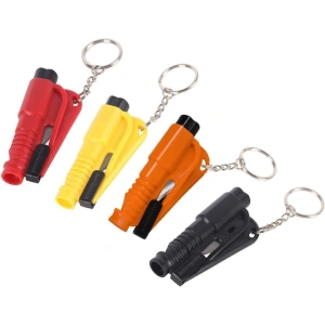 Set 4 ciocane siguranta auto spargere geam si taiere centura, tungsten si aluminiu, breloc, negru rosu galben portocaliu