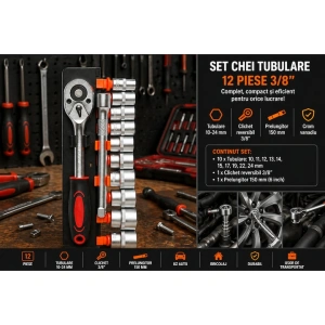 Set chei tubulare 12 piese 3/8 inch, 10-24 mm, cu clichet reversibil si prelungitor 150 mm, crom vanadiu, pentru reparatii auto si bricolaj - Img 2