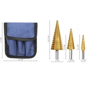Set de burghie conice, 3 bucati, dimensiuni diferite, otel HSS cu acoperire din titan - precizie, durabilitate si performanta profesionala - Img 8