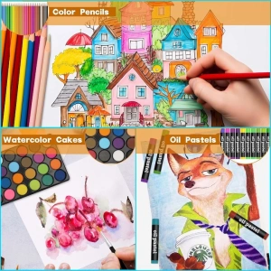 Set de desen si pictura pentru copii, 145 piese, valiza portabila din metal cu sertare, creioane, markere, acuarele, pasteluri, pensule si accesorii, organizare completa, albastru - Img 4