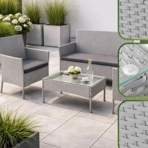 Set mobilier gradina ratan gri deschis cu canapea 2 locuri, 2 fotolii si masa sticla, perne incluse, rezistent exterior - Img 5