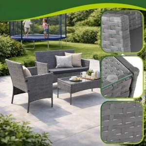 Set mobilier gradina technoratan 4 piese, canapea 2 locuri, 2 fotolii, masa cu blat sticla si perne gri inchis - Img 7