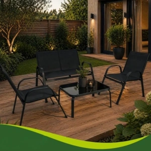 Set mobilier pentru balcon si terasa, canapea 2 locuri, 2 scaune si masuta cu blat din sticla securizata, cadru metalic, negru - Img 7