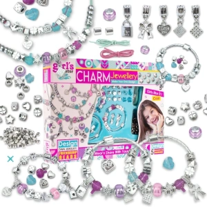 Set pentru creat bratari si lantisoare pentru copii, cu pandantive, margele si accesorii pentru bijuterii, multicolor, aproximativ 110 elemente