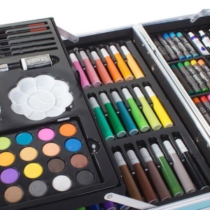 Set pictat si desen, 145 piese, gentuta depozitare stil gemantan, model Unicorn si curcubeu, albastru, 34 x 23 x 9 cm - complet, colorat si usor de transportat pentru micii artisti - Img 6