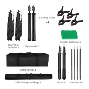 Set studio iluminare cu 2 softbox, 2 becuri LED RGB 50W, black screen, clame pentru panza, geanta transport - Img 2